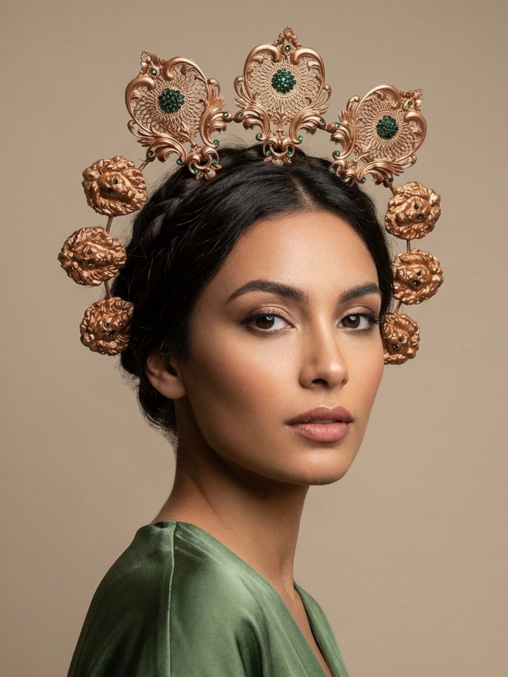 One of a kind Ornate copper Gold and green lionStatement Headpiece